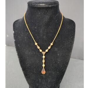 Vintage Gold Tone Y-Necklace Teardrop Gemstone Pendant Delicate Chain Renfaire